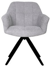 Grauer Armlehnstuhl mit gepolstertem Sitz und Rückenlehne, schwarzes Metallgestell, Frontalansicht