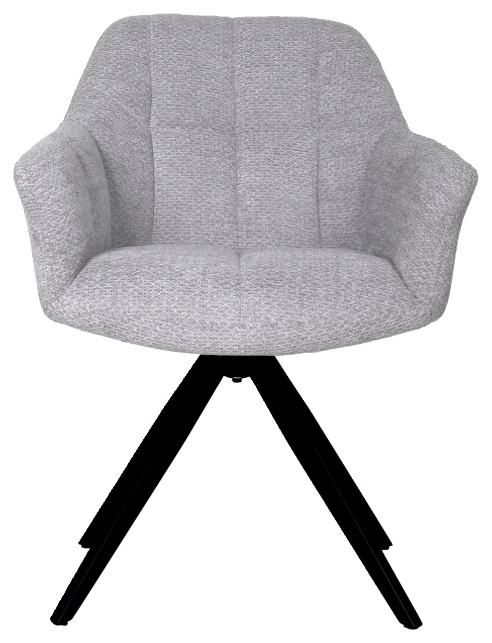 Grauer Armlehnstuhl mit gepolstertem Sitz und Rückenlehne, schwarzes Metallgestell, Frontalansicht