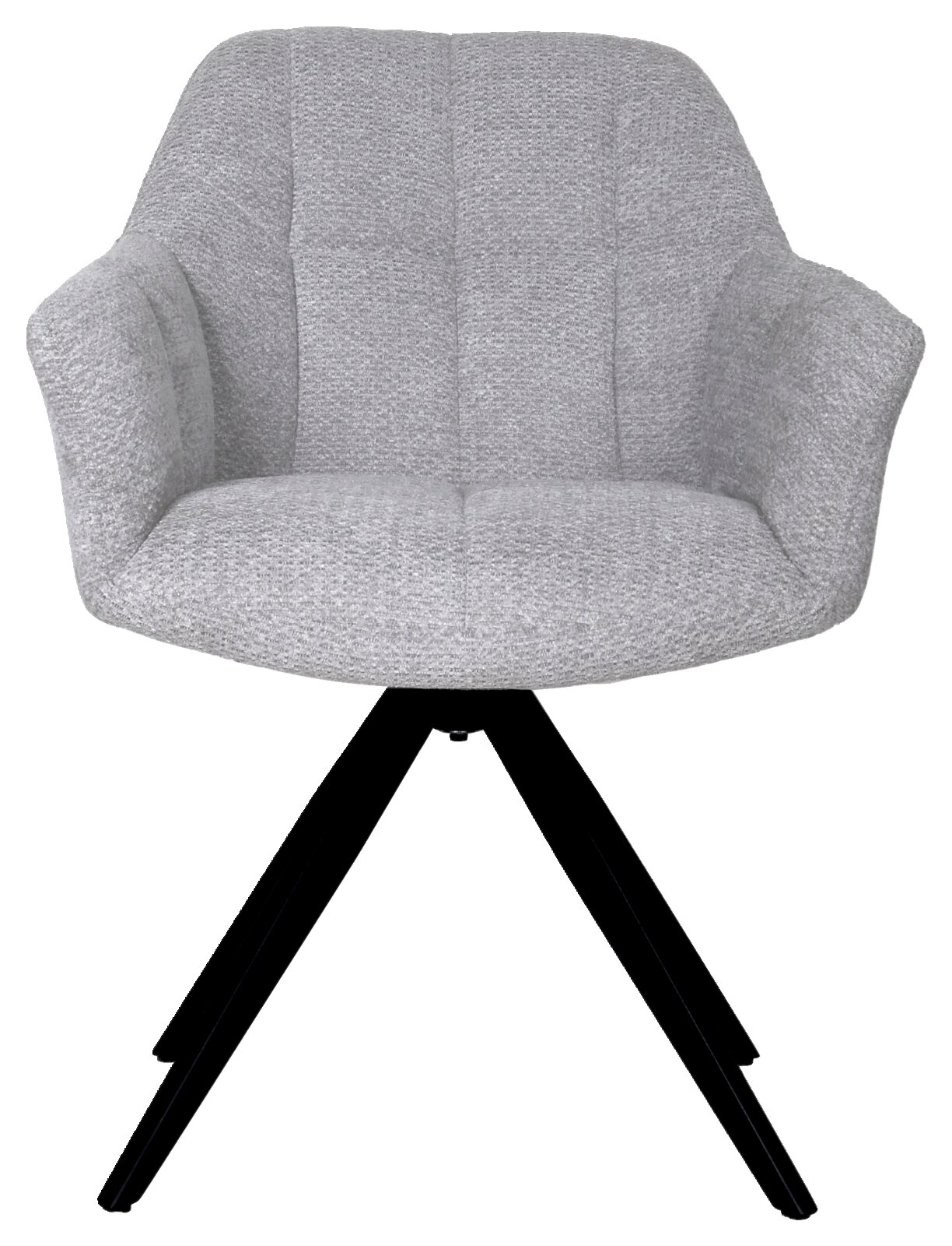 Grijze fauteuil met gestoffeerde zitting en rugleuning, zwart metalen frame, vooraanzicht