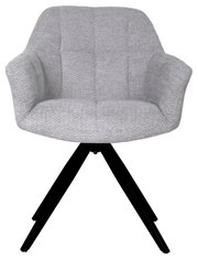 Grijze fauteuil met gestoffeerde zitting en rugleuning, zwart metalen frame, vooraanzicht