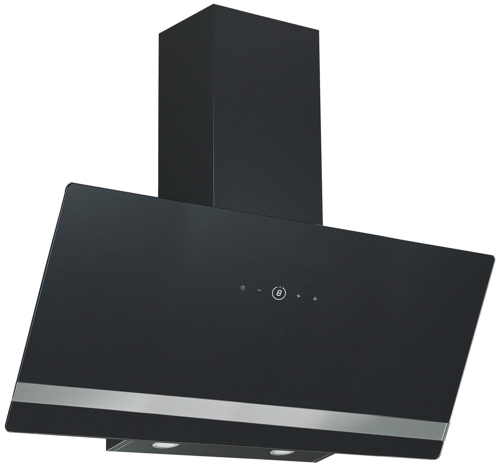 Moderne schwarze Dunstabzugshaube mit schrägem Design, Frontansicht