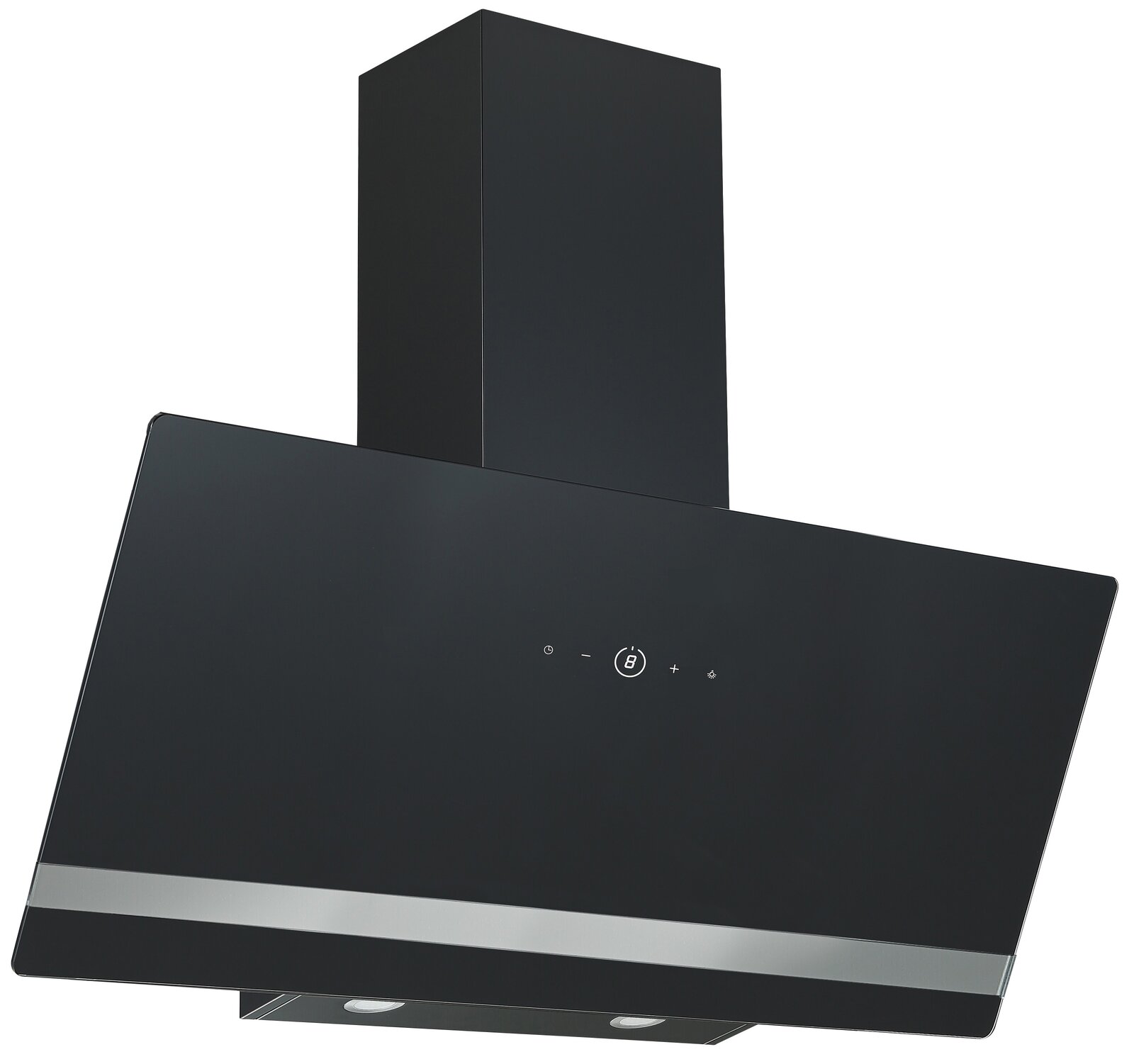 Moderne schwarze Dunstabzugshaube mit schrägem Design, Frontansicht