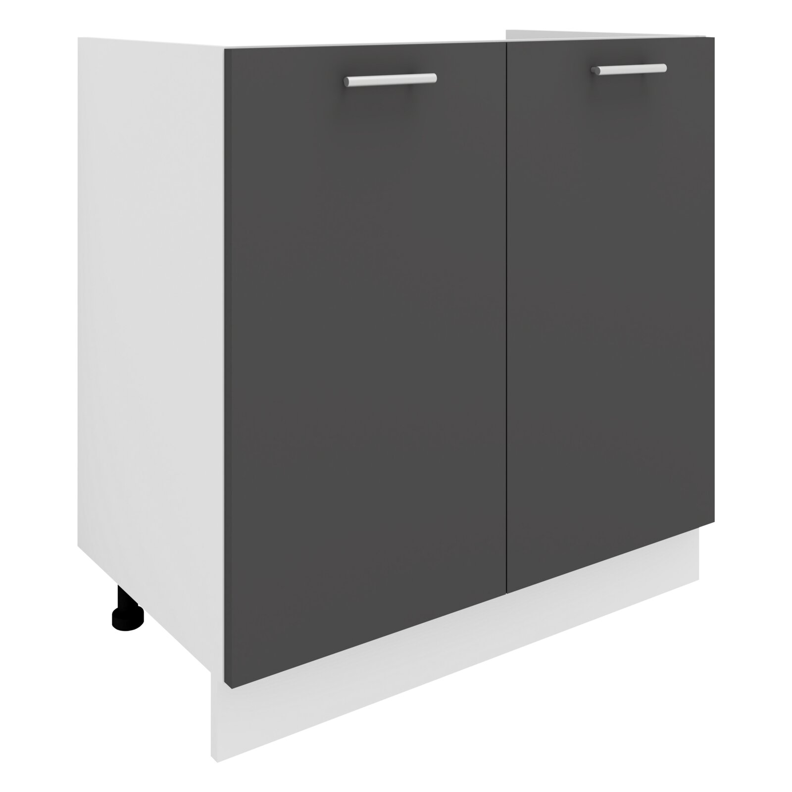 VCM Waschbeckenschrank ESILO Moderner Unterschrank mit zwei anthrazitfarbenen Türen, weißen Seiten und Sockelblende sowie silbernen Griffen, in schräger Frontansicht von links (leicht von oben) freigestellt.