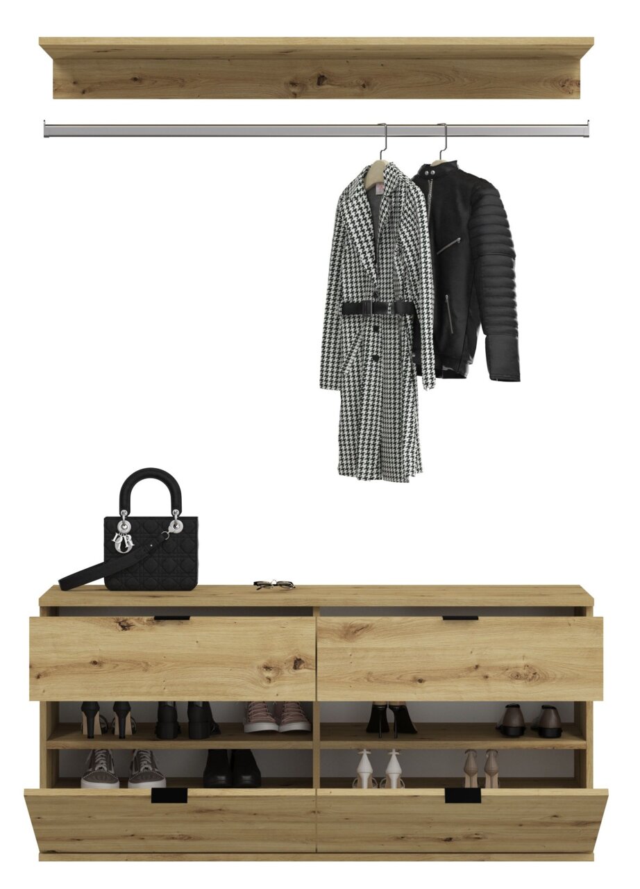 Garderobenkombination aus Holz mit Kleiderstange und Schuhschrank, frontal abgebildet. Inklusive hängender Mäntel und sichtbarer Schuhe.