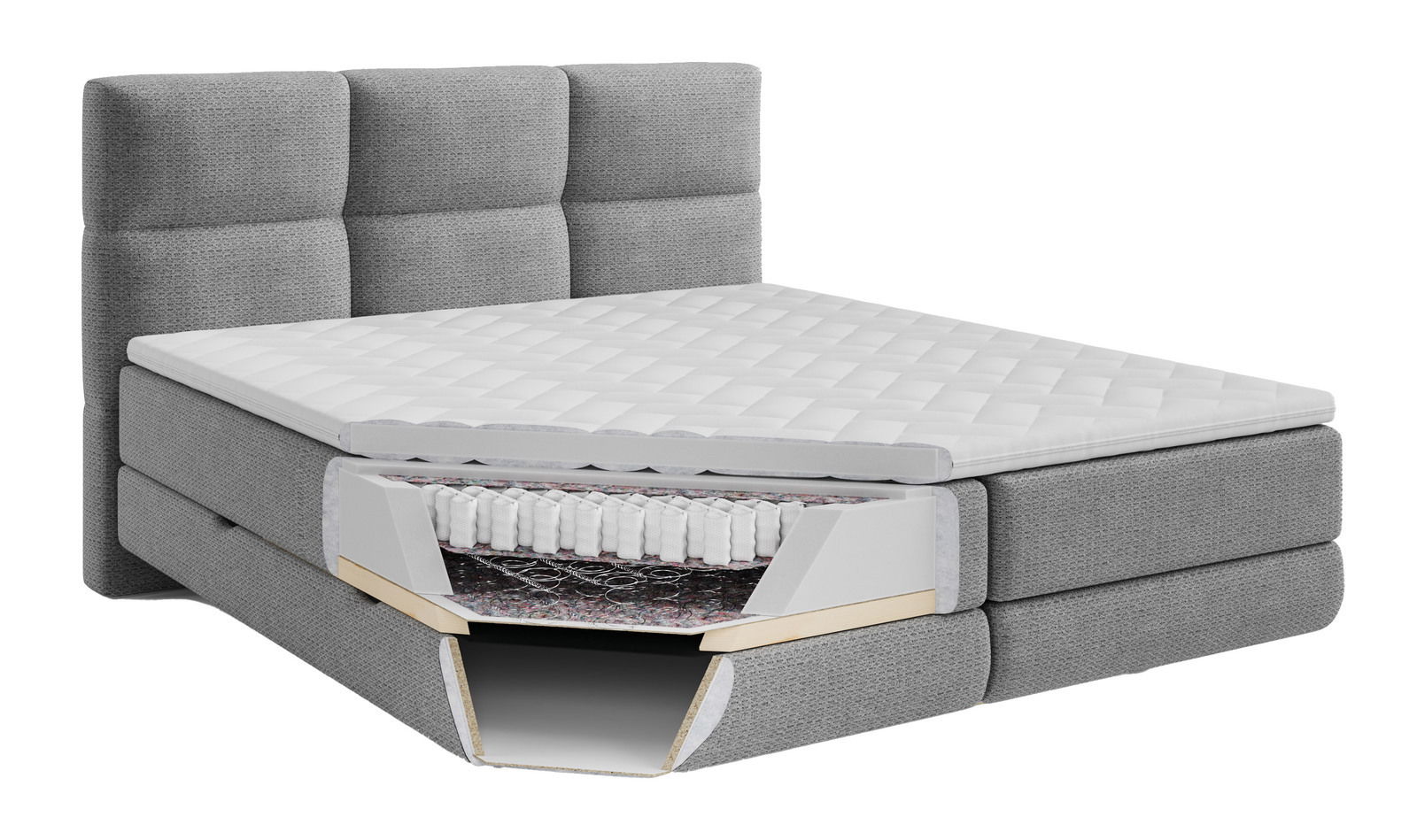Graues Boxspringbett mit sichtbarem Querschnitt der Matratze, seitliche Perspektive