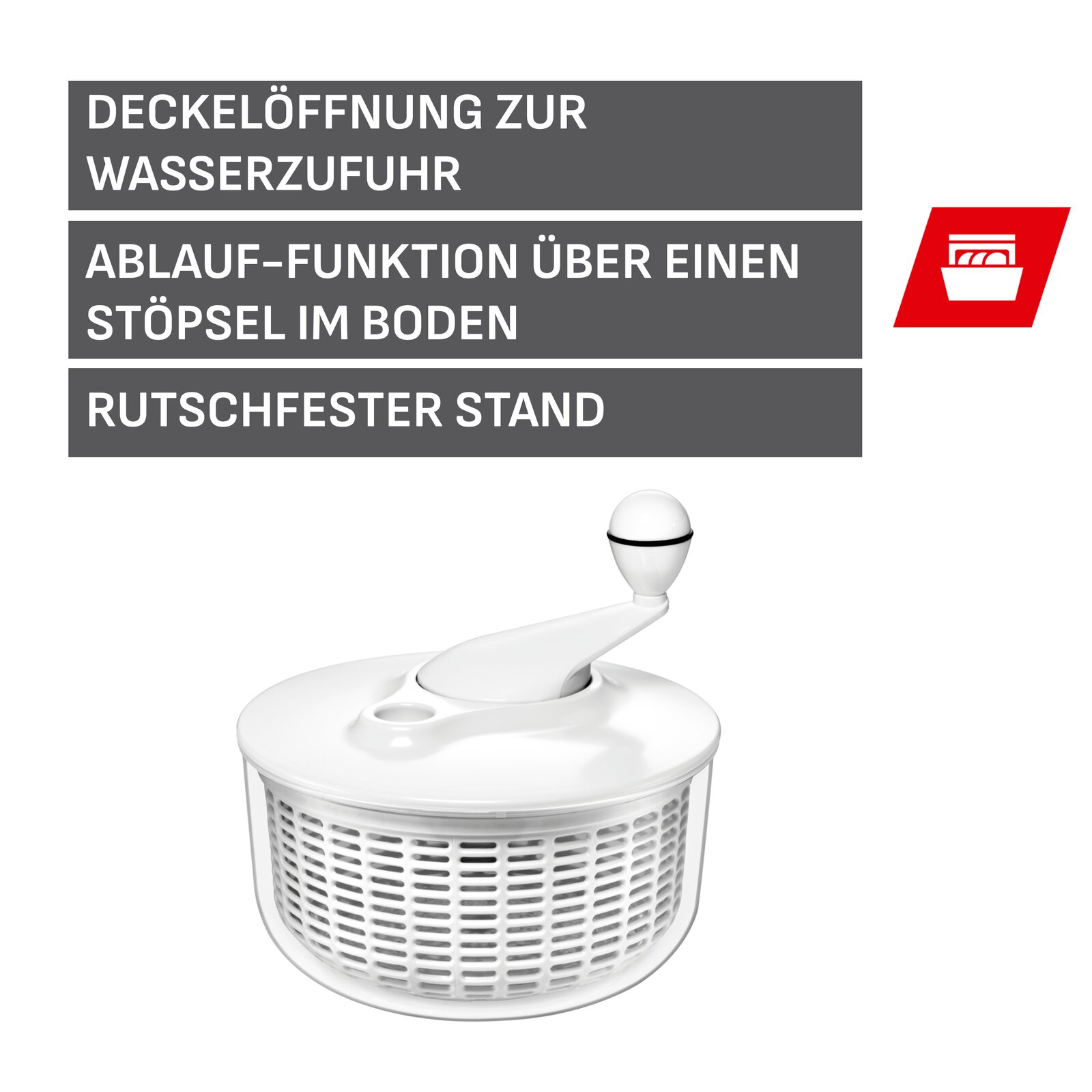Weißer Salatschleuder-Deckel mit Wasserzufuhr-Öffnung, Ablaufstopfen im Boden und rutschfestem Stand, freigestellt vor weißem Hintergrund, Ansicht leicht von oben (3/4-Perspektive).