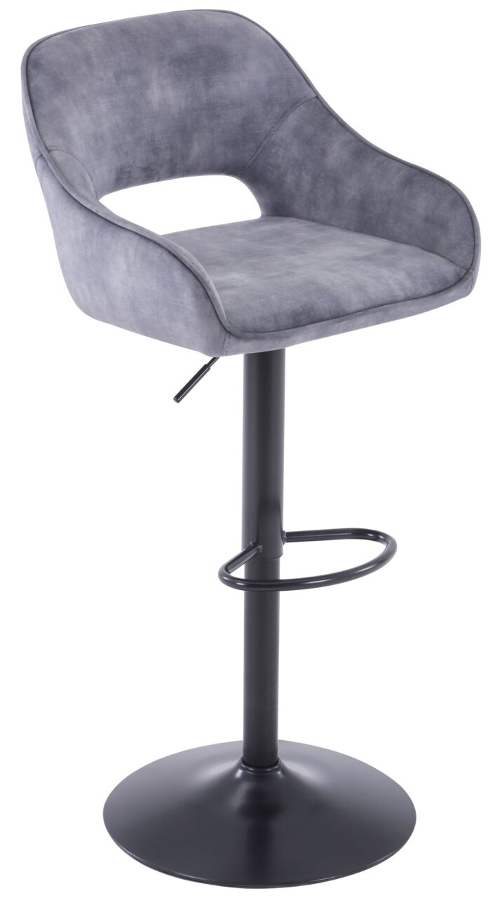 Grauer Barstuhl mit gepolsterter Rückenlehne und Sitzfläche, schwarzem Metallgestell und Fußstütze, seitliche Perspektive