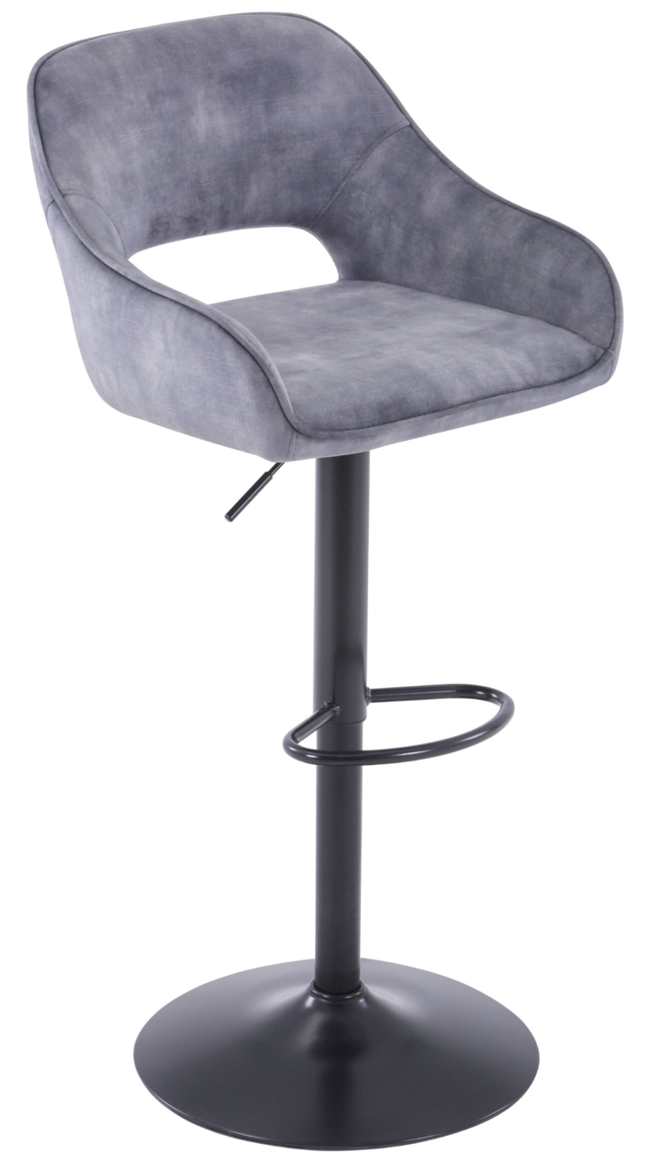 Grauer Barstuhl mit gepolsterter Rückenlehne und Sitzfläche, schwarzem Metallgestell und Fußstütze, seitliche Perspektive