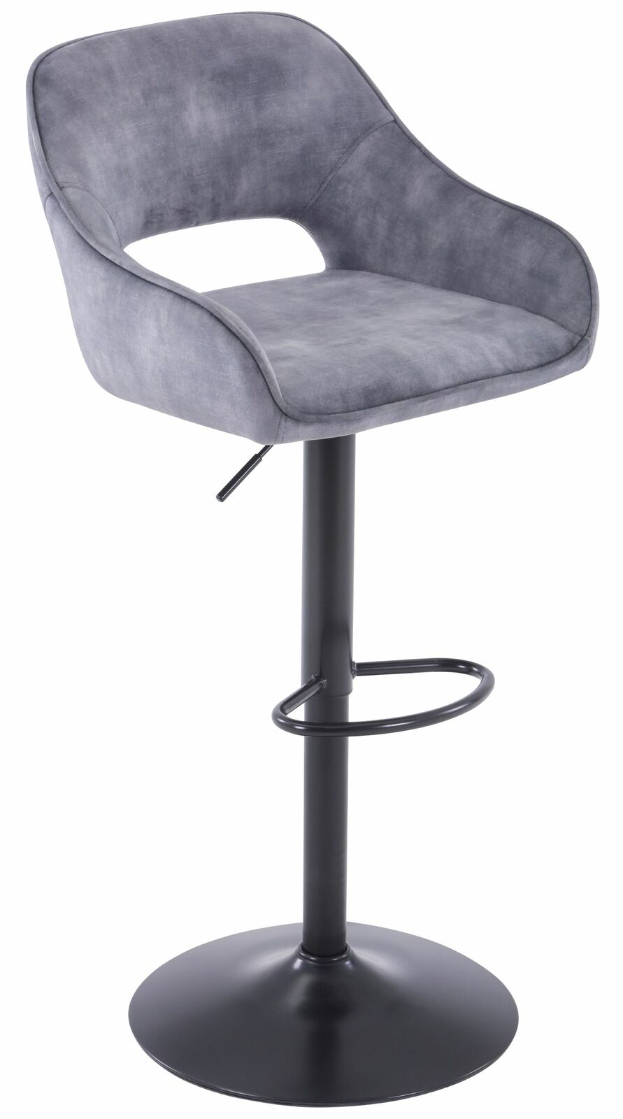 Grauer Barstuhl mit gepolsterter Rückenlehne und Sitzfläche, schwarzem Metallgestell und Fußstütze, seitliche Perspektive