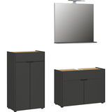 Badezimmer-Set bestehend aus einem großen Spiegel, einem hohen Schrank und einem breiten Unterschrank, alle in modernem, dunklem Design mit Holzoberflächen, frontal abgebildet.