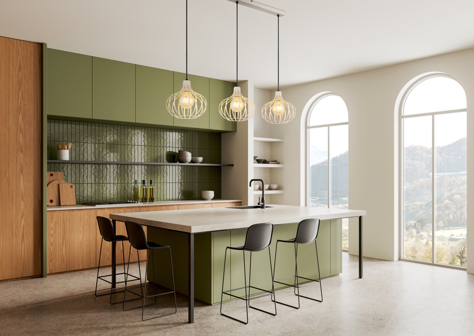 Moderne hanglamp in een stijlvolle keuken met een groen kookeiland en houten details, zijaanzicht.