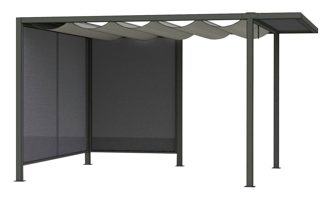 Dacherweiterung mit Metallrahmen und textiler Überdachung, seitliche Perspektive