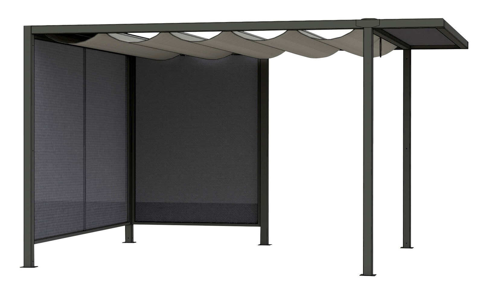 Dacherweiterung mit Metallrahmen und textiler Überdachung, seitliche Perspektive