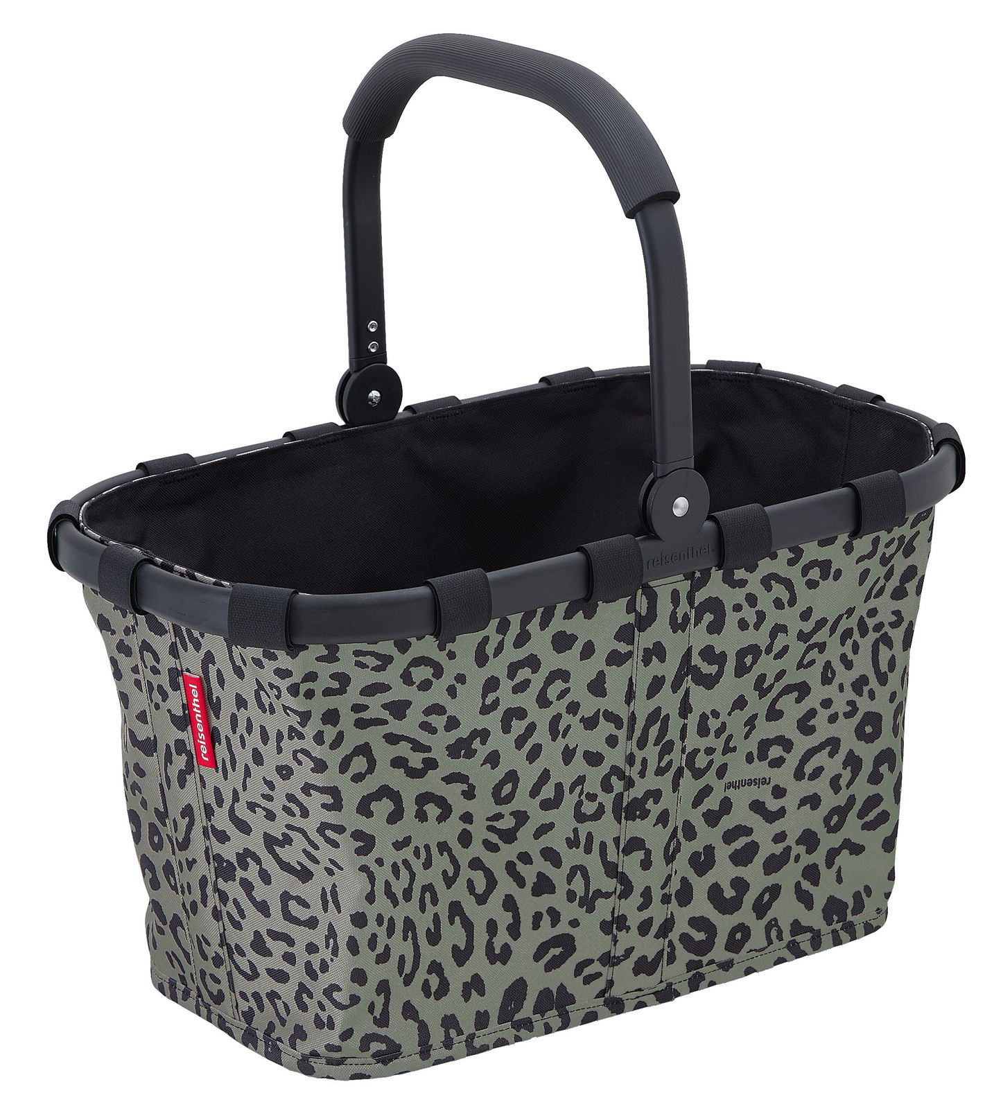 Leopardenmuster-Einkaufskorb mit schwarzem Griff, seitliche Perspektive