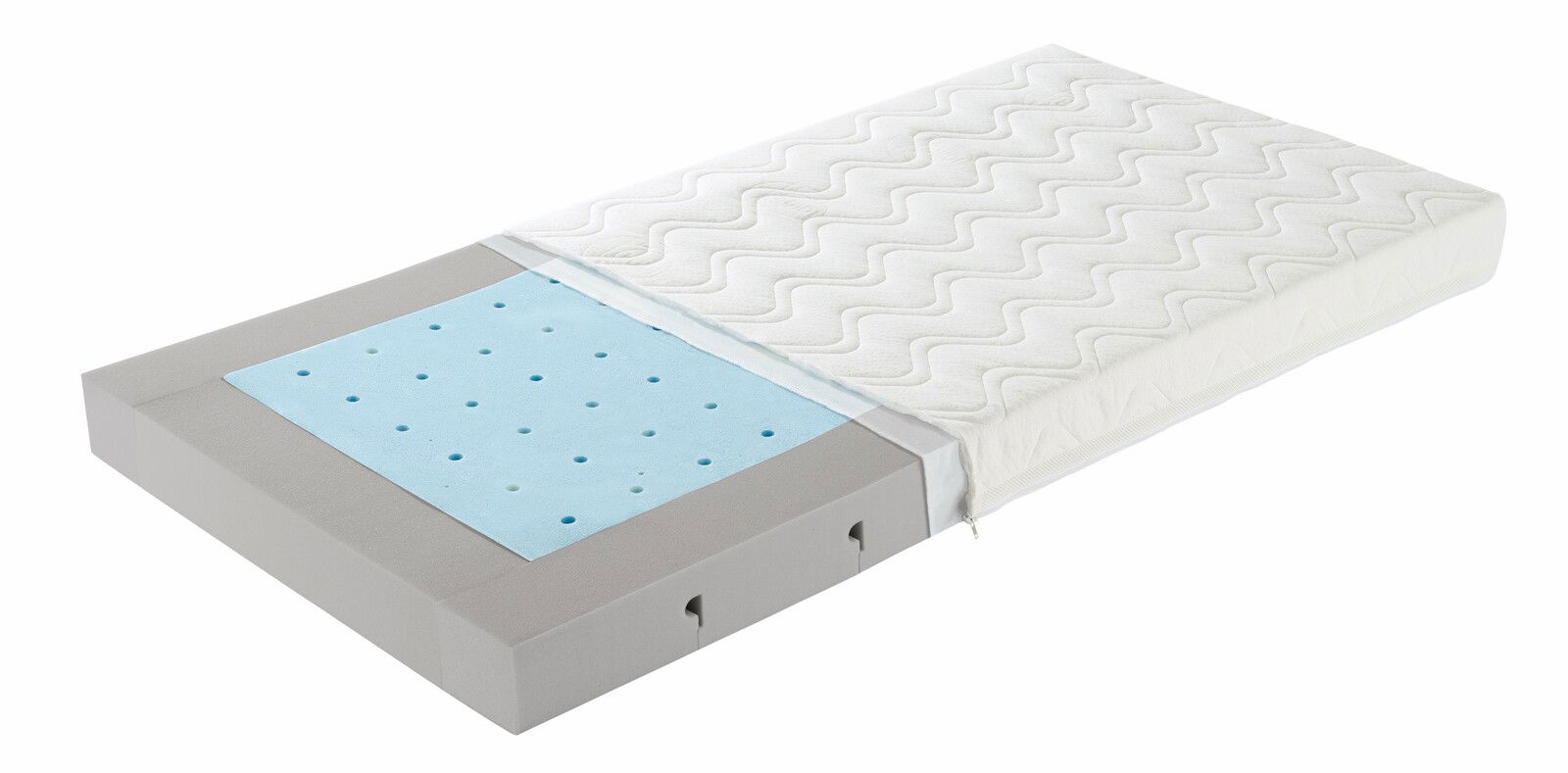 Kaltschaummatratze AIRWELL 400 mit abgenommenem Bezug, seitliche Perspektive, zeigt die blaue Schaumstoffschicht und die weiße Oberseite.