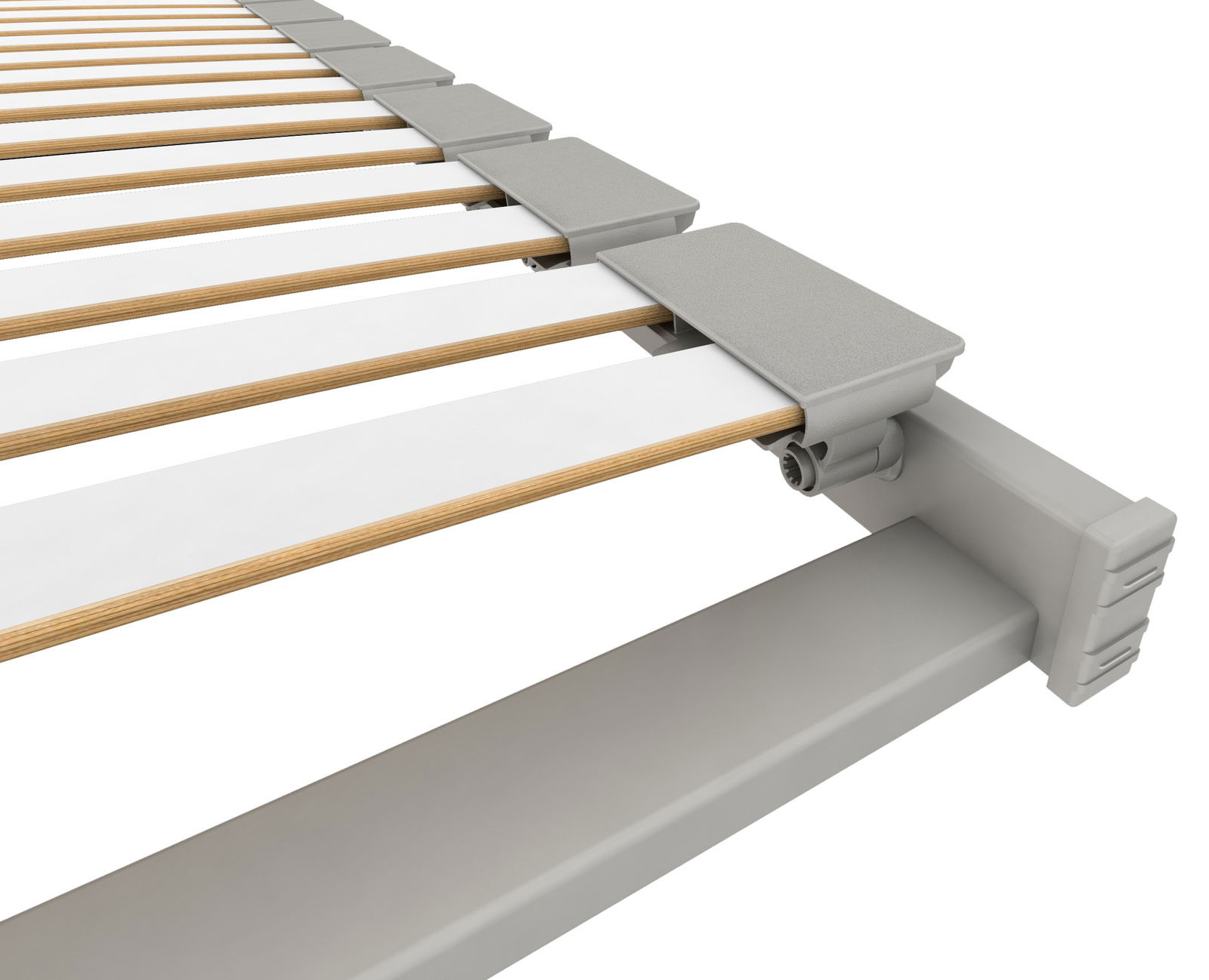 Nahaufnahme eines Lattenrosts NV 90 x 200 cm mit grauen Kunststoffelementen und Holzlatten, seitliche Perspektive