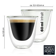 Zwei doppelwandige Espressogläser von Moritz & Moritz mit 60 ml Fassungsvermögen, seitliche Ansicht.