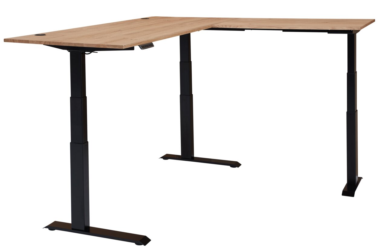 Moderner höhenverstellbarer Eckschreibtisch aus Melamin mit schwarzem Gestell, seitliche Perspektive