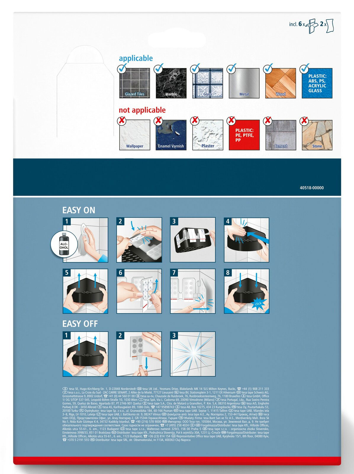 Rückseite der Verpackung des tesa Lavaa Eckduschkorbs M mit Anweisungen zur einfachen Montage und Demontage. Geeignet für glatte Oberflächen wie Fliesen, Marmor, Glas, Metall, Holz und bestimmte Kunststoffe. Nicht geeignet für Tapeten, Putz und bestimmte