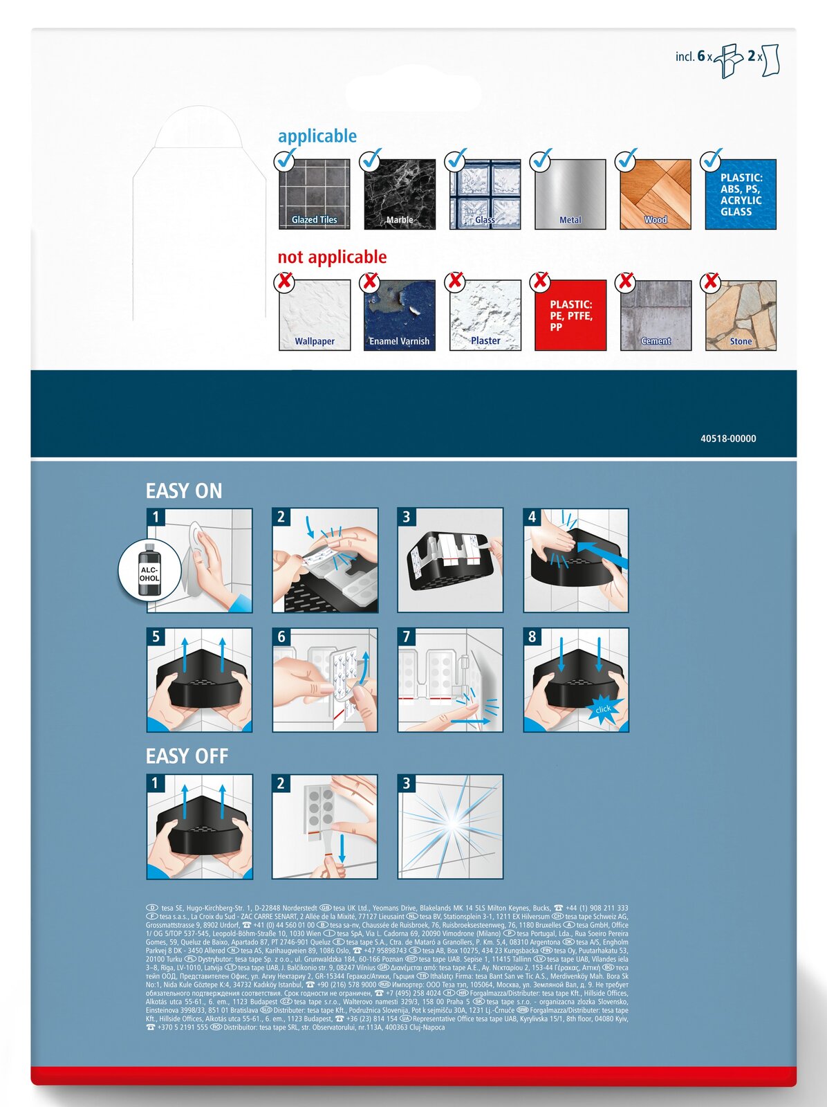 Rückseite der Verpackung des tesa Lavaa Eckduschkorbs M mit Anweisungen zur einfachen Montage und Demontage. Geeignet für glatte Oberflächen wie Fliesen, Marmor, Glas, Metall, Holz und bestimmte Kunststoffe. Nicht geeignet für Tapeten, Putz und bestimmte