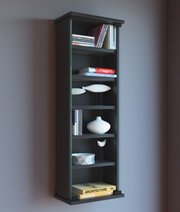 Schlanke schwarze Glasvitrine mit mehreren Einlegeböden, seitlicher Glastür und dekorativ arrangierten Büchern sowie weißen Vasen, in leichter Schrägansicht von vorn.