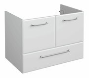 Weißer Waschtischunterschrank mit zwei Schubladen und einem großen unteren Fach, seitliche Perspektive