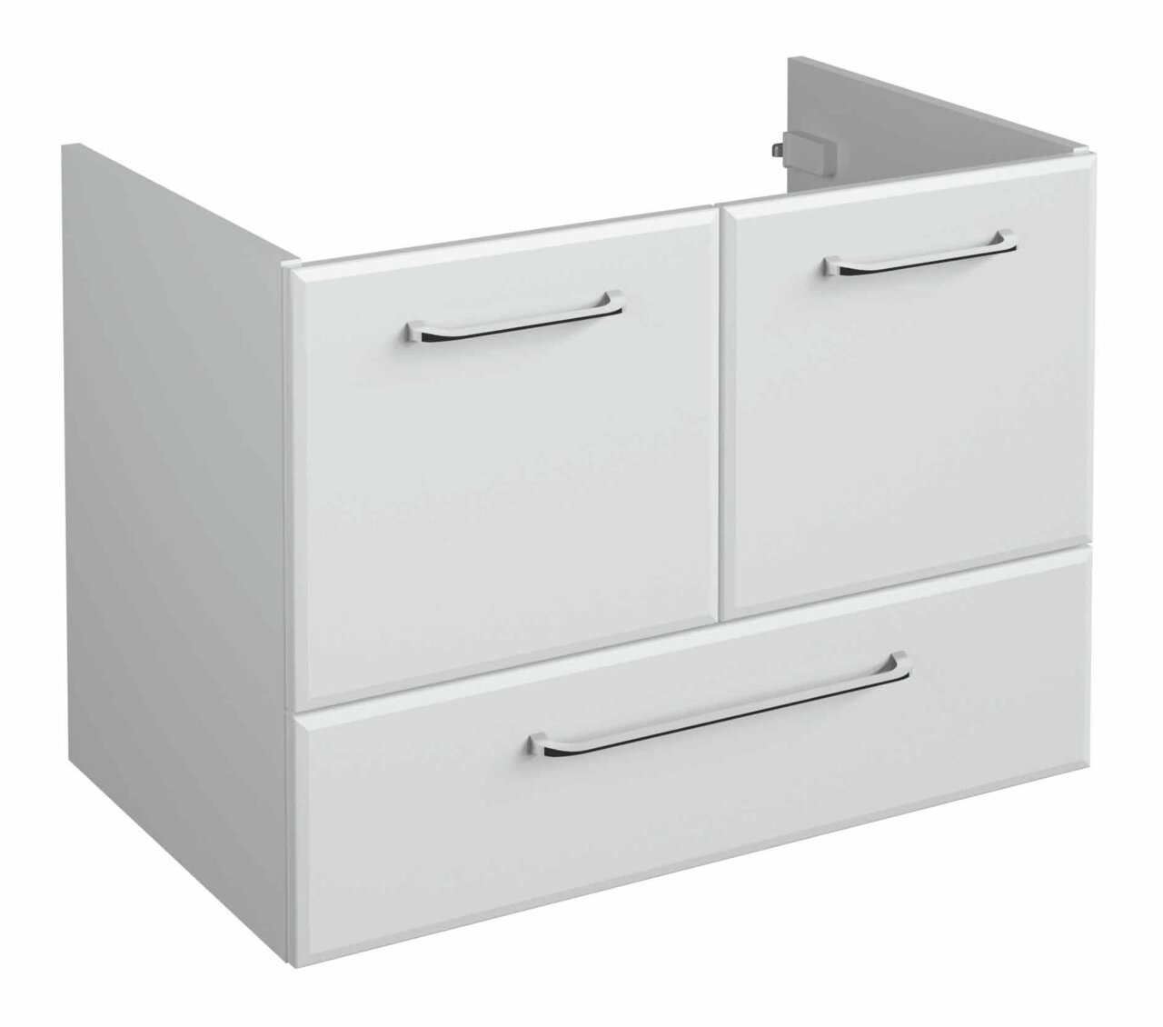 Weißer Waschtischunterschrank mit zwei Schubladen und einem großen unteren Fach, seitliche Perspektive