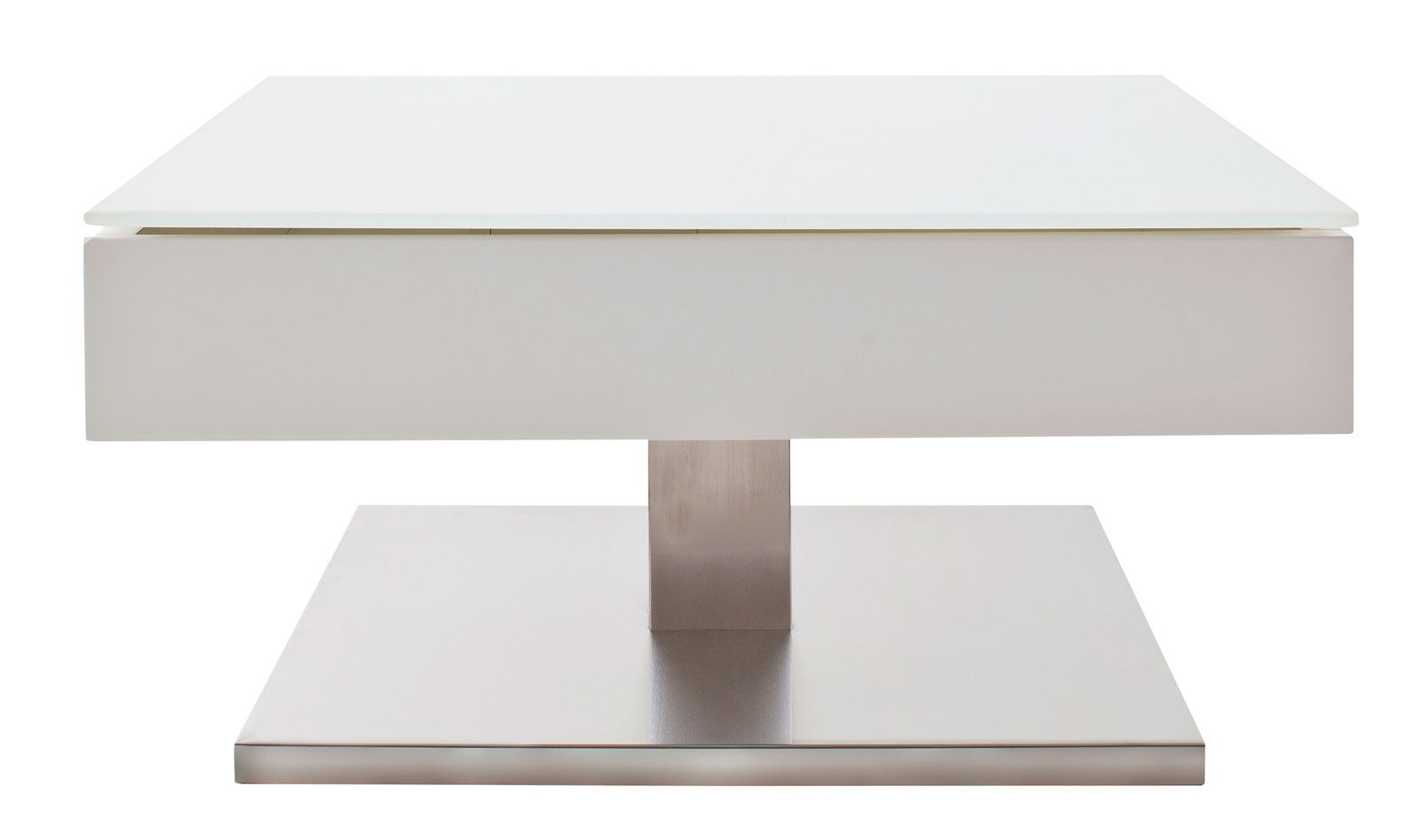 Moderner Couchtisch mit weißer Tischplatte und Metallfuß, frontal betrachtet.