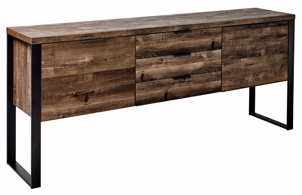 Rustiek houten dressoir met metalen poten, zijaanzicht