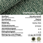 Nahaufnahme (Detailansicht) eines petrolfarbenen Strukturstoffs; Stoffdetail_093, 100% PES, 57.000 Scheuertouren, Abriebfestigkeit 4–5, Pillingfestigkeit 4–5, OEKO-TEX Standard 100 und Easy Clean Symbole.