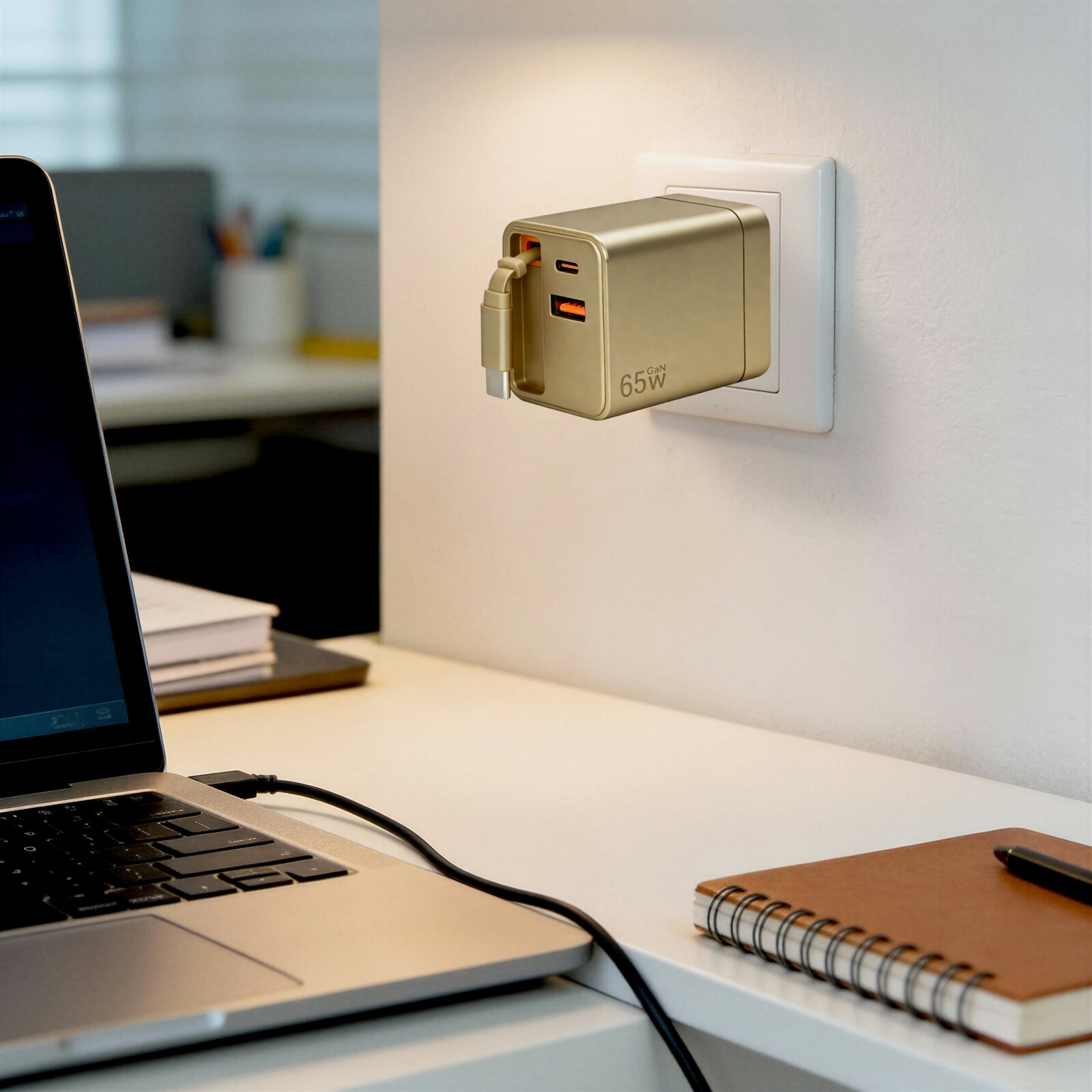 Goldfarbenes 65W-GaN-USB-Ladegerät mit USB-C- und USB-A-Anschluss in einer Wandsteckdose, Kabel eingesteckt seitliche Nahaufnahme am Schreibtisch (Perspektive: leicht seitlich von vorn).