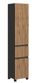 Hochschrank mit vertikalen Holzlatten und dunklem Korpus, seitliche Perspektive