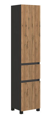 Hochschrank mit vertikalen Holzlatten und dunklem Korpus, seitliche Perspektive