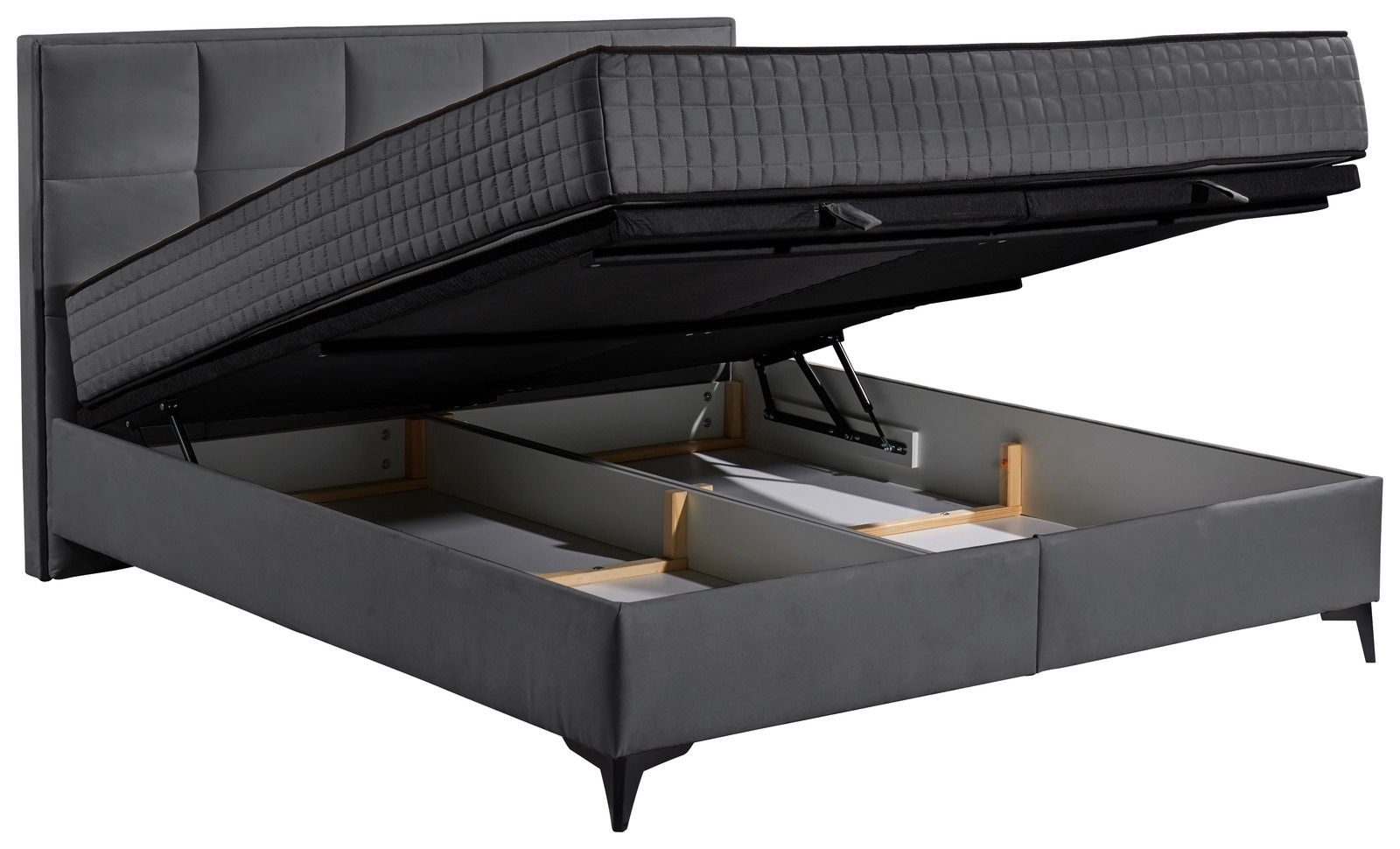 Boxbett mit hochgeklappter Matratze und Stauraum, seitliche Perspektive