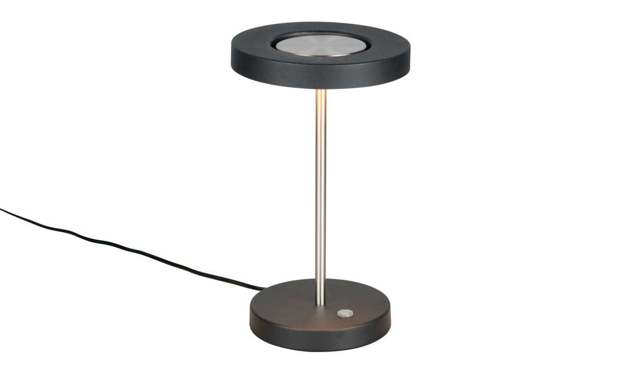 TRIO SELECT Tafellamp GUANO Moderne Tischleuchte mit schwarzem, rundem Lampenschirm und schlankem Metallstab, seitliche Perspektive