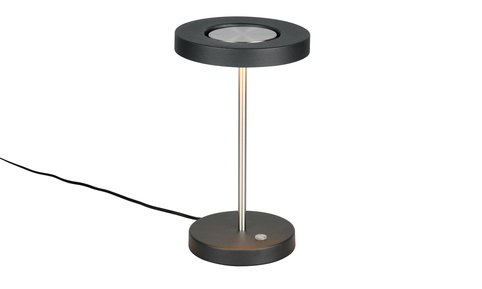 Moderne Tischleuchte mit schwarzem, rundem Lampenschirm und schlankem Metallstab, seitliche Perspektive