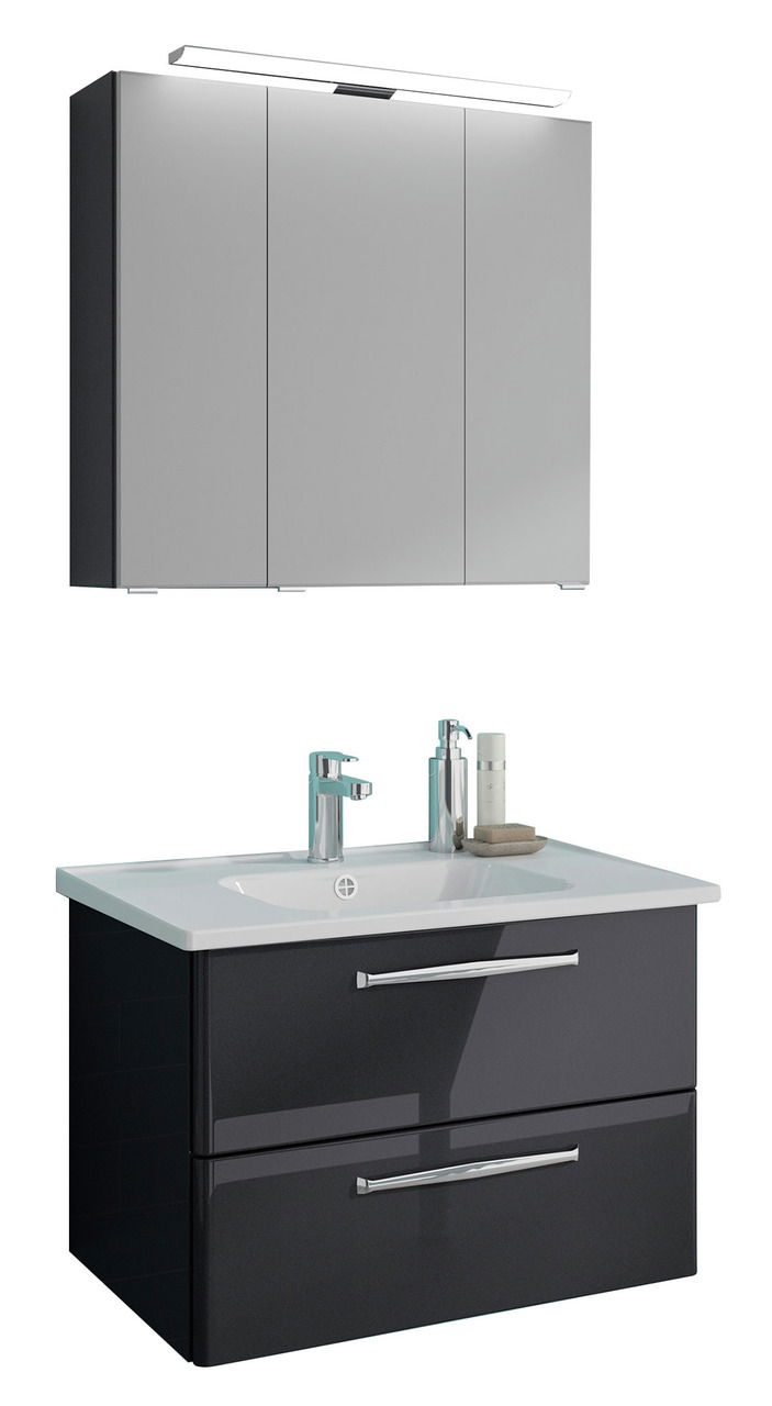 Moderner Badblock mit Spiegelschrank und Waschbecken, Frontansicht