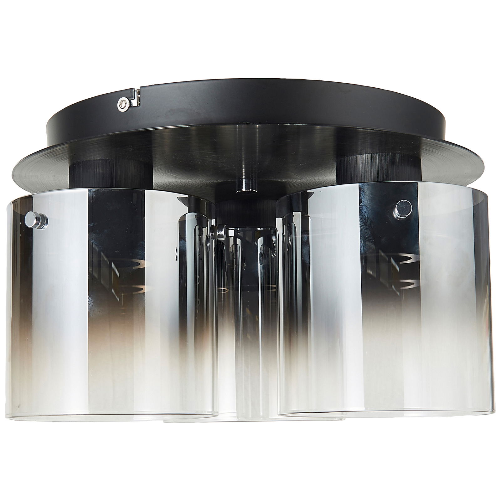 Moderne Deckenleuchte Beth mit drei zylindrischen, transparenten Schirmen, Ansicht von unten.