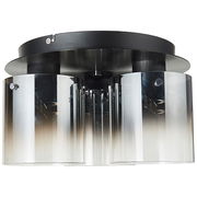 Moderne Deckenleuchte Beth mit drei zylindrischen, transparenten Schirmen, Ansicht von unten.