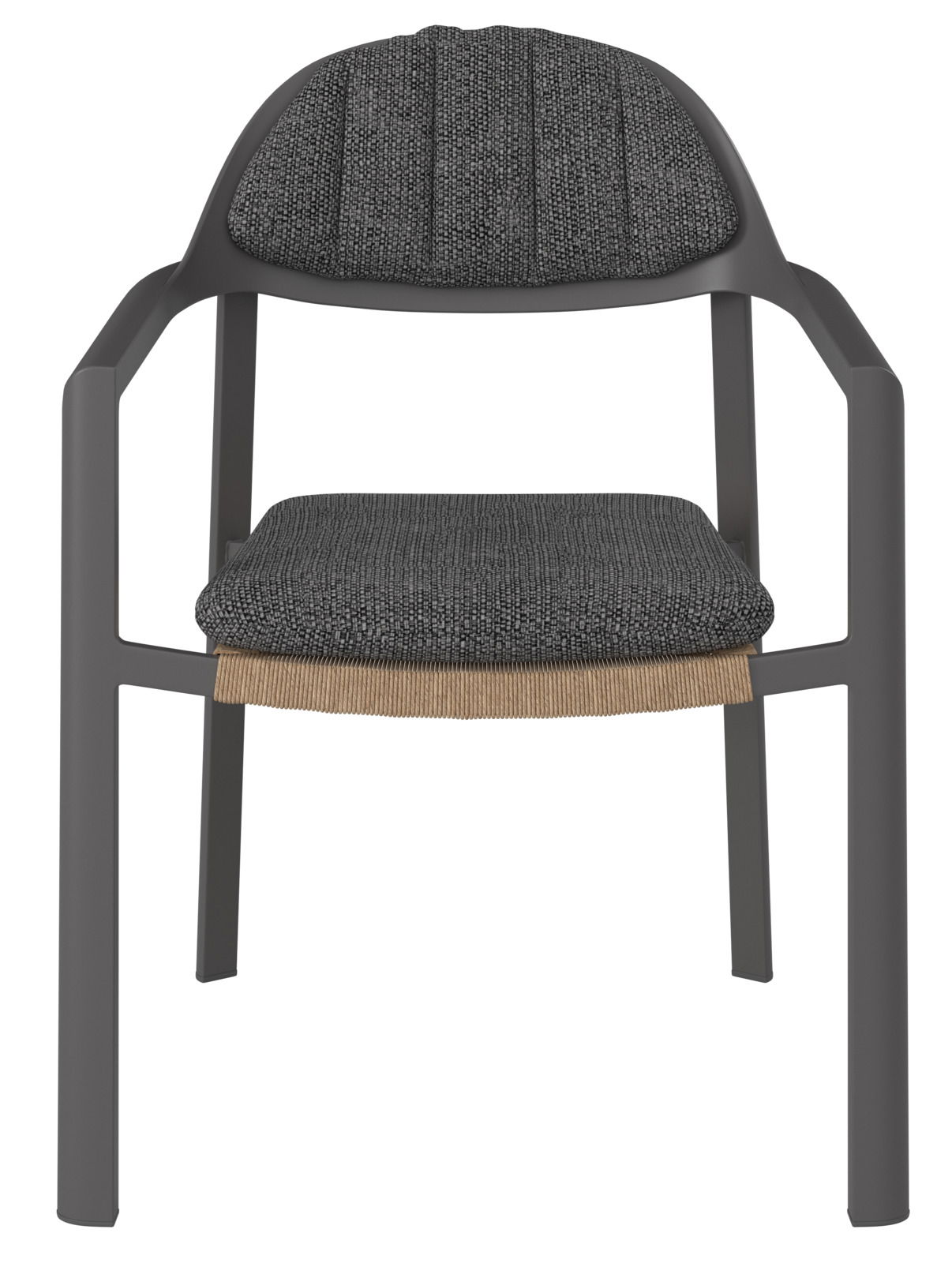 Moderner Loungestuhl mit grauem Stoffbezug und stabilen Armlehnen, Frontalansicht.