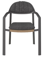 Moderner Loungestuhl mit grauem Stoffbezug und stabilen Armlehnen, Frontalansicht.