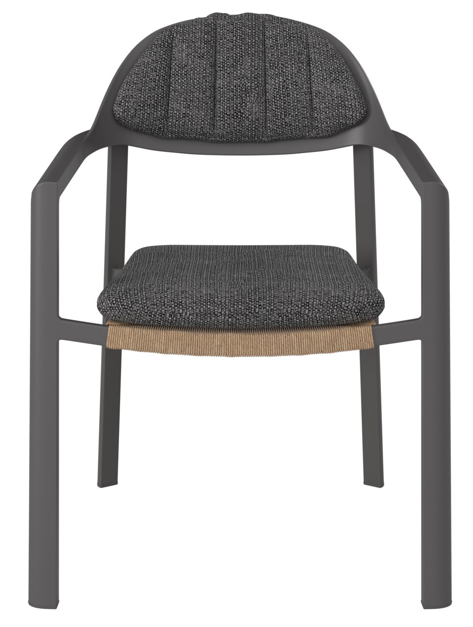 Moderner Loungestuhl mit grauem Stoffbezug und stabilen Armlehnen, Frontalansicht.