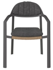 Moderner Loungestuhl mit grauem Stoffbezug und stabilen Armlehnen, Frontalansicht.