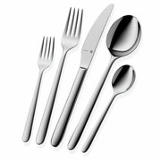 Elegantes Besteckset Flame Plus 30-tlg. aus Edelstahl, bestehend aus Messer, Gabel, Löffel, Dessertgabel und Teelöffel, in seitlicher Perspektive.