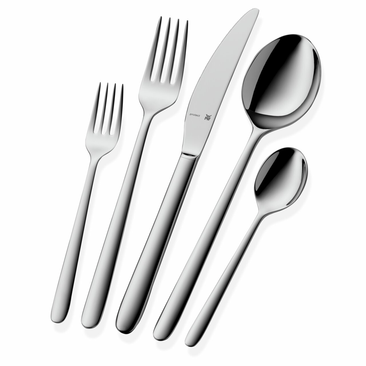 Elegantes Besteckset Flame Plus 30-tlg. aus Edelstahl, bestehend aus Messer, Gabel, Löffel, Dessertgabel und Teelöffel, in seitlicher Perspektive.