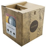 Verpackung des Tellersets Fusion Blue 12-tlg. von schräg oben fotografiert, zeigt das Design und die Produktinformationen auf der Vorderseite.