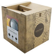 Verpackung des Tellersets Fusion Blue 12-tlg. von schräg oben fotografiert, zeigt das Design und die Produktinformationen auf der Vorderseite.