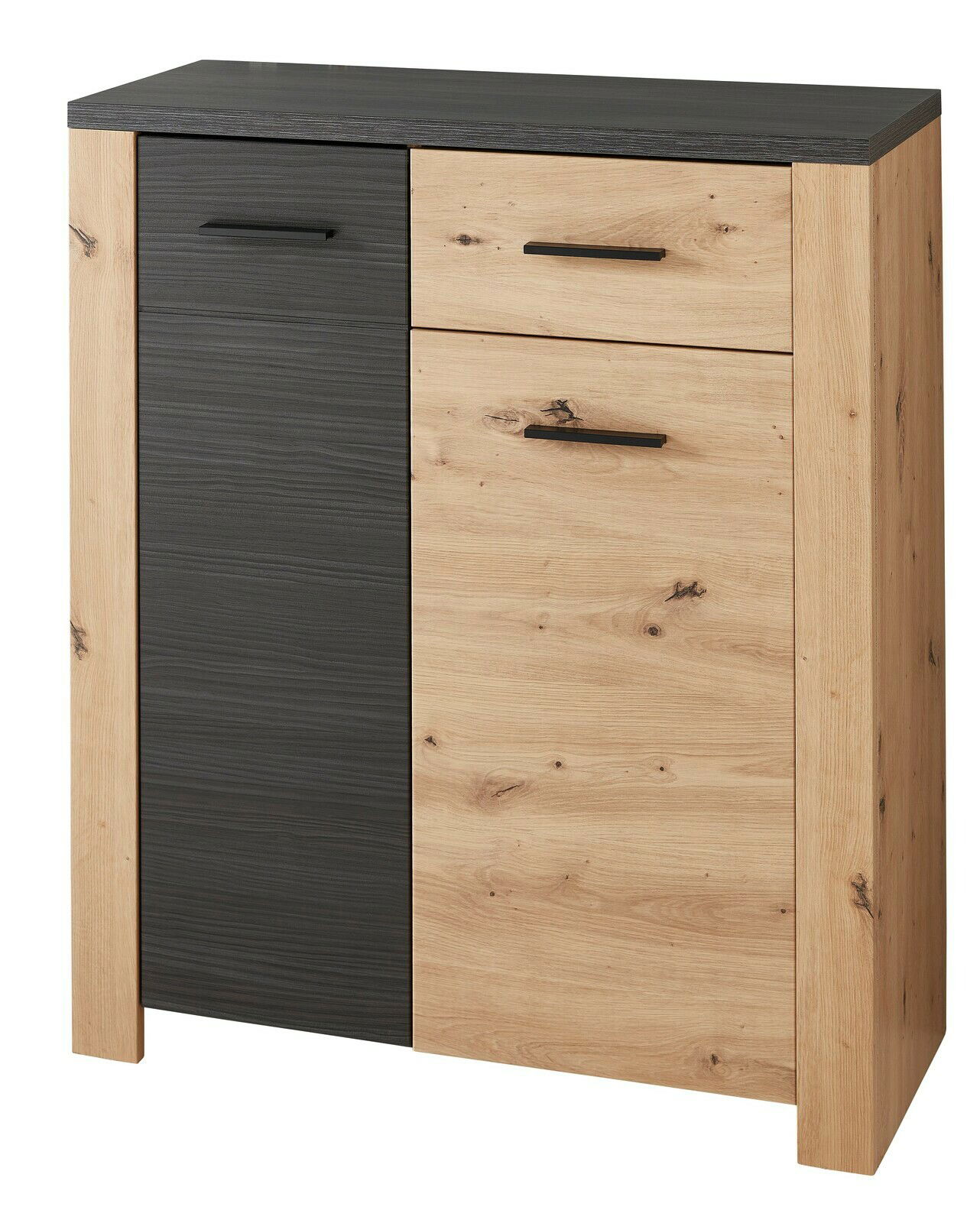 Moderner Schuhschrank aus Holz mit zwei Türen und einer Schublade, Frontansicht