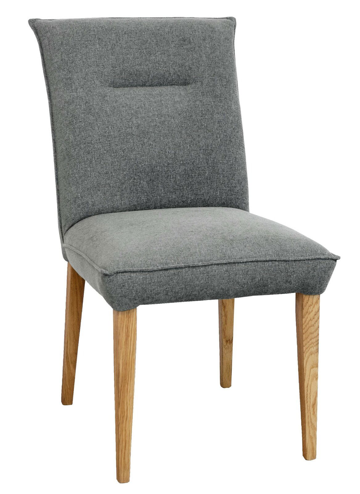 Grauer Stuhl mit Holzbeinen, seitliche Perspektive