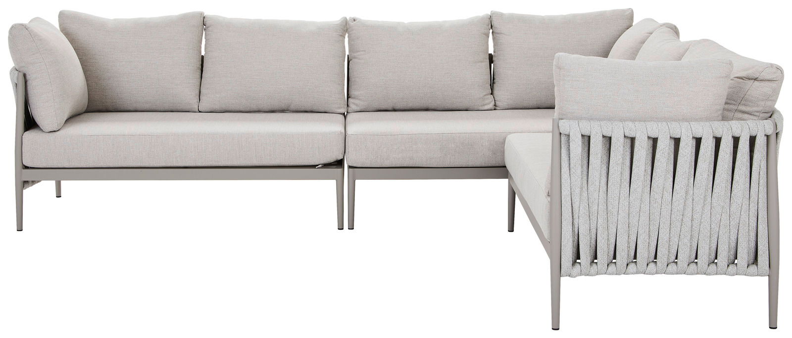 L-förmige Loungegarnitur in hellem Grau, Vorderansicht mit seitlicher Perspektive auf die Rückseite.